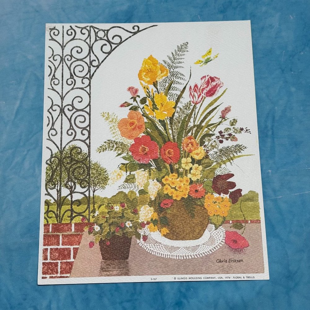 Vintage 1976 Gloria Eriksen Floral & Trellis Retro Art Print on Watercolor Paper